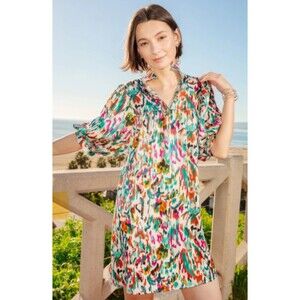 Jade Womens Dress  S Static Blooms‎ High Neck Puff Sleeve Mini Length Multicolor